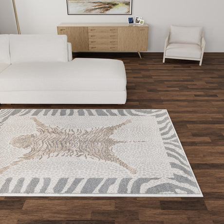Gray and Ivory 2' x 3' 1 Wildlife Rectangle Area Rug Animal Print Safari Jungle Inspired Carpet for Unique Modern Interior Design for Sale at Rug Engine