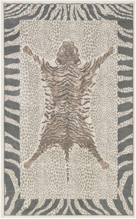 Gray and Ivory 5' 1 x 8' Wildlife Rectangle Area Rug Animal Print Safari Jungle Inspired Carpet for Unique Modern Interior Design for Sale at Rug Engine