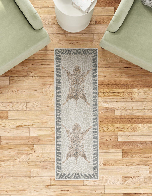 Gray and Ivory 2' x 8' Wildlife Runner Area Rug Animal Print Safari Jungle Inspired Carpet for Unique Modern Interior Design for Sale at Rug Engine