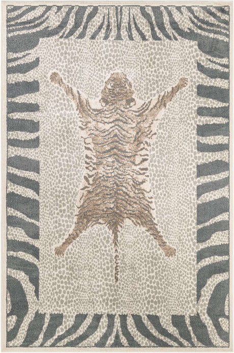 Gray and Ivory 6' 1 x 9' Wildlife Rectangle Area Rug Animal Print Safari Jungle Inspired Carpet for Unique Modern Interior Design for Sale at Rug Engine