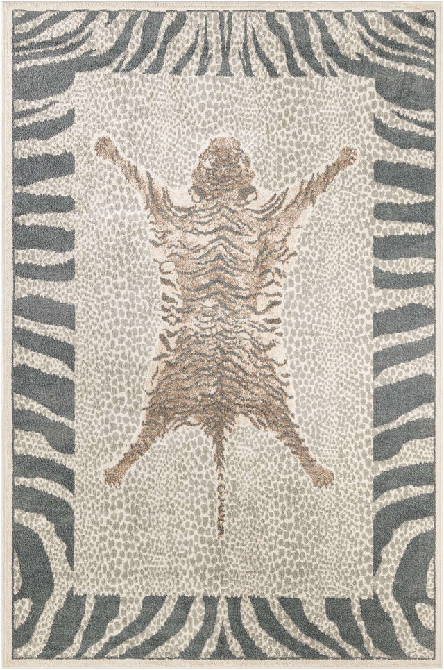 Gray and Ivory 6' 1 x 9' Wildlife Rectangle Area Rug Animal Print Safari Jungle Inspired Carpet for Unique Modern Interior Design for Sale at Rug Engine