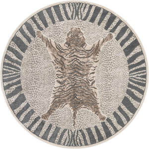 Gray and Ivory 7' 10 x 7' 10 Wildlife Round Area Rug Animal Print Safari Jungle Inspired Carpet for Unique Modern Interior Design for Sale at Rug Engine