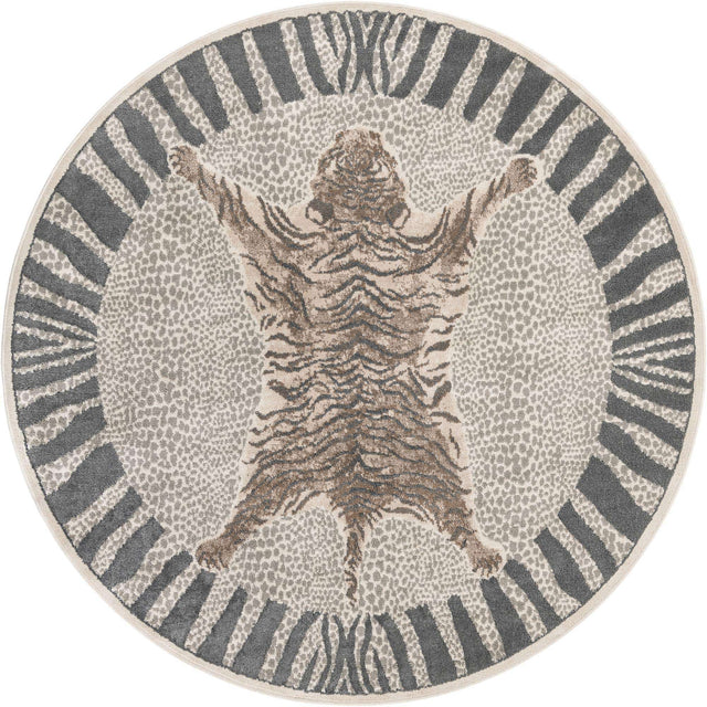 Gray and Ivory 7' 10 x 7' 10 Wildlife Round Area Rug Animal Print Safari Jungle Inspired Carpet for Unique Modern Interior Design for Sale at Rug Engine