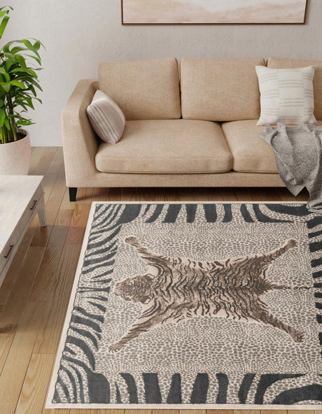 Gray and Ivory 10' x 10' Wildlife Square Area Rug Animal Print Safari Jungle Inspired Carpet for Unique Modern Interior Design for Sale at Rug Engine