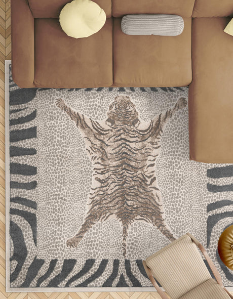 Gray and Ivory 7' 10 x 7' 10 Wildlife Square Area Rug Animal Print Safari Jungle Inspired Carpet for Unique Modern Interior Design for Sale at Rug Engine