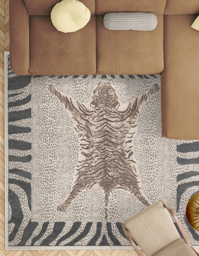 Gray and Ivory 10' x 10' Wildlife Square Area Rug Animal Print Safari Jungle Inspired Carpet for Unique Modern Interior Design for Sale at Rug Engine