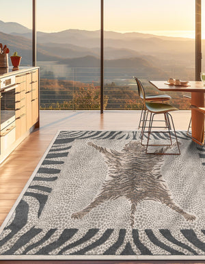 Gray and Ivory 7' 10 x 7' 10 Wildlife Square Area Rug Animal Print Safari Jungle Inspired Carpet for Unique Modern Interior Design for Sale at Rug Engine