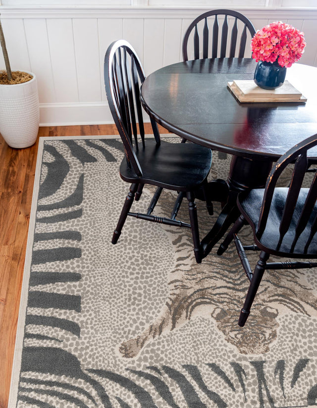 Gray and Ivory 7' 10 x 7' 10 Wildlife Square Area Rug Animal Print Safari Jungle Inspired Carpet for Unique Modern Interior Design for Sale at Rug Engine