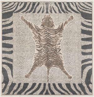 Gray and Ivory 7' 10 x 7' 10 Wildlife Square Area Rug Animal Print Safari Jungle Inspired Carpet for Unique Modern Interior Design for Sale at Rug Engine
