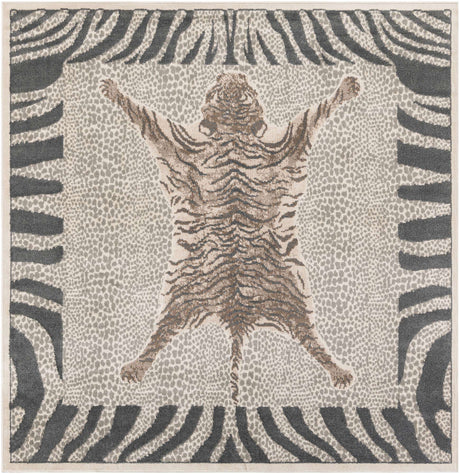 Gray and Ivory 7' 10 x 7' 10 Wildlife Square Area Rug Animal Print Safari Jungle Inspired Carpet for Unique Modern Interior Design for Sale at Rug Engine