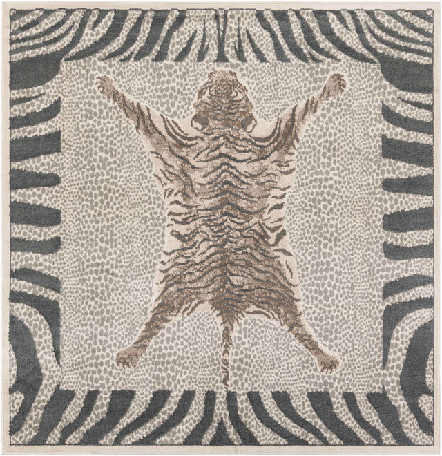 Gray and Ivory 7' 10 x 7' 10 Wildlife Square Area Rug Animal Print Safari Jungle Inspired Carpet for Unique Modern Interior Design for Sale at Rug Engine