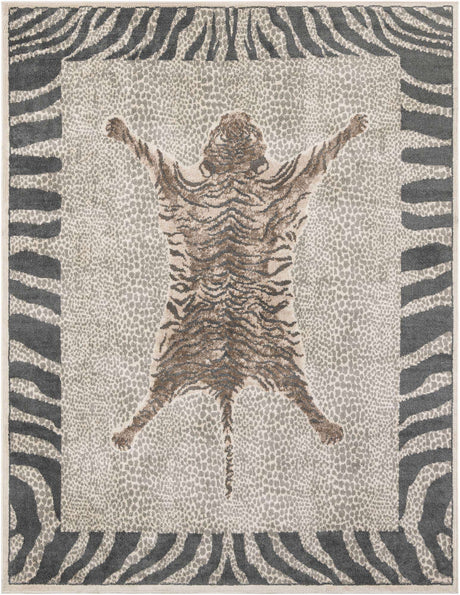Gray and Ivory 7' 10 x 10' Wildlife Rectangle Area Rug Animal Print Safari Jungle Inspired Carpet for Unique Modern Interior Design for Sale at Rug Engine