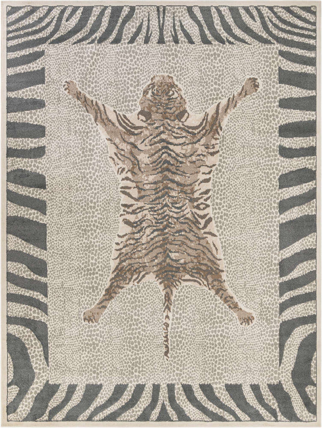 Gray and Ivory 9' x 12' Wildlife Rectangle Area Rug Animal Print Safari Jungle Inspired Carpet for Unique Modern Interior Design for Sale at Rug Engine