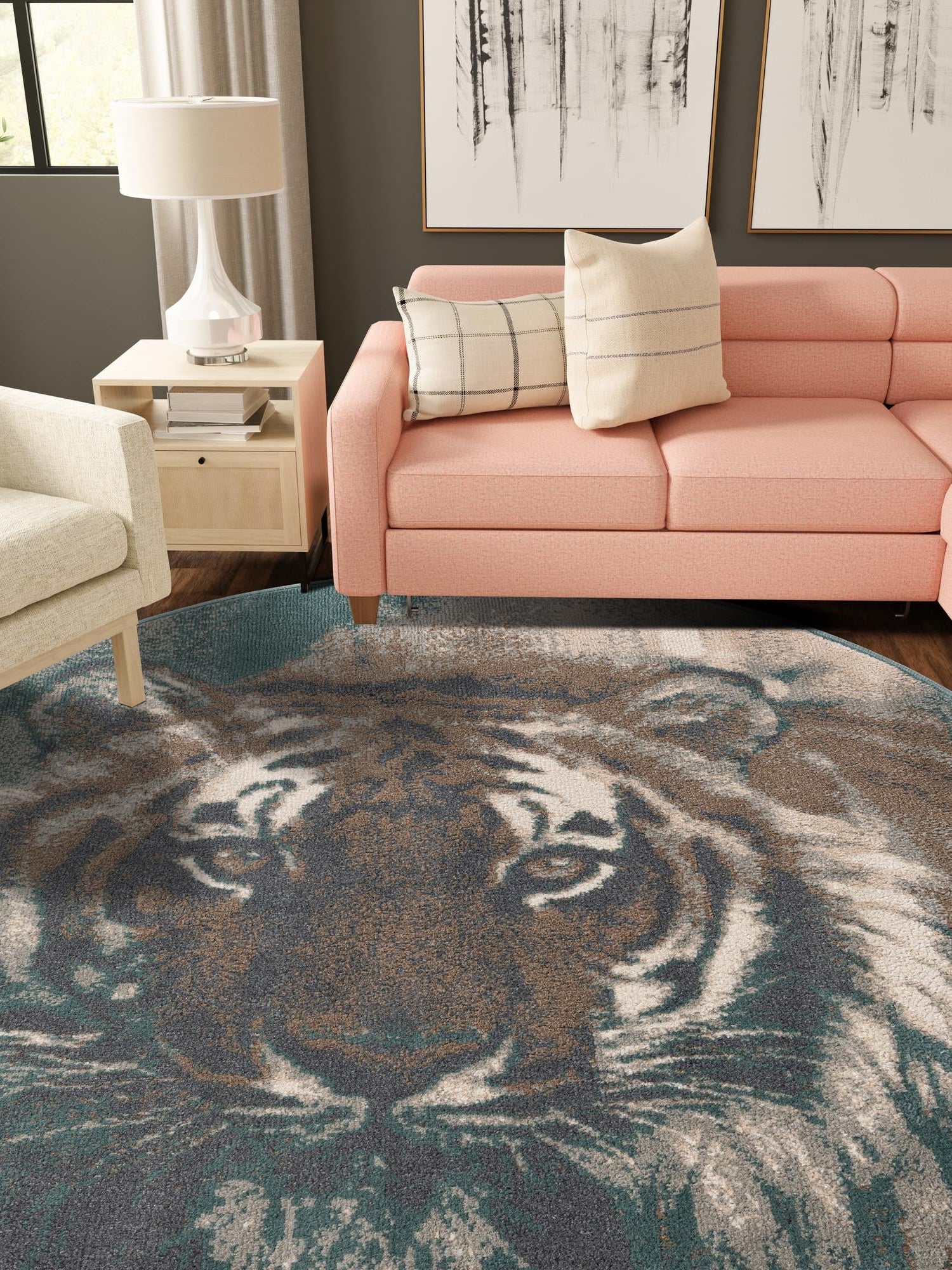 Multicolor 5' 1 x 5' 1 Wildlife Round Area Rug Animal Print Safari Jungle Inspired Carpet for Unique Modern Interior Design for Sale at Rug Engine