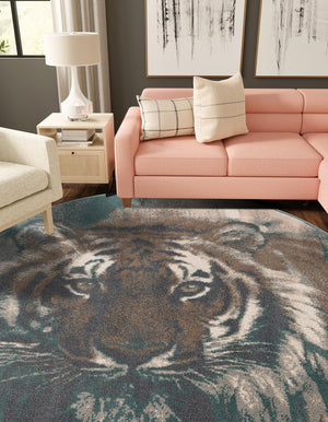 Multicolor 5' 1 x 5' 1 Wildlife Round Area Rug Animal Print Safari Jungle Inspired Carpet for Unique Modern Interior Design for Sale at Rug Engine