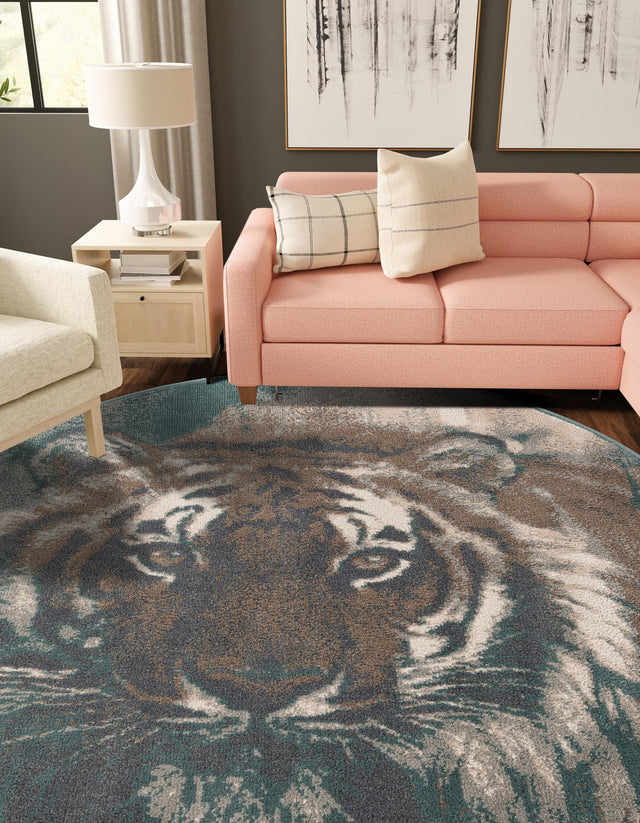 Multicolor 4' 1 x 4' 1 Wildlife Round Area Rug Animal Print Safari Jungle Inspired Carpet for Unique Modern Interior Design for Sale at Rug Engine
