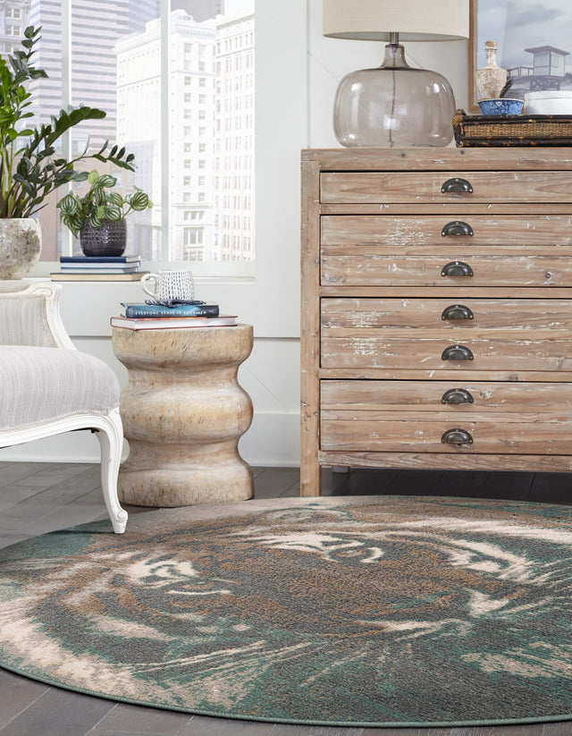 Multicolor 7' 10 x 7' 10 Wildlife Round Area Rug Animal Print Safari Jungle Inspired Carpet for Unique Modern Interior Design for Sale at Rug Engine