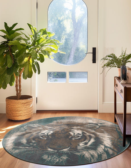 Multicolor 10' x 10' Wildlife Round Area Rug Animal Print Safari Jungle Inspired Carpet for Unique Modern Interior Design for Sale at Rug Engine