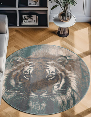 Multicolor 10' x 10' Wildlife Round Area Rug Animal Print Safari Jungle Inspired Carpet for Unique Modern Interior Design for Sale at Rug Engine
