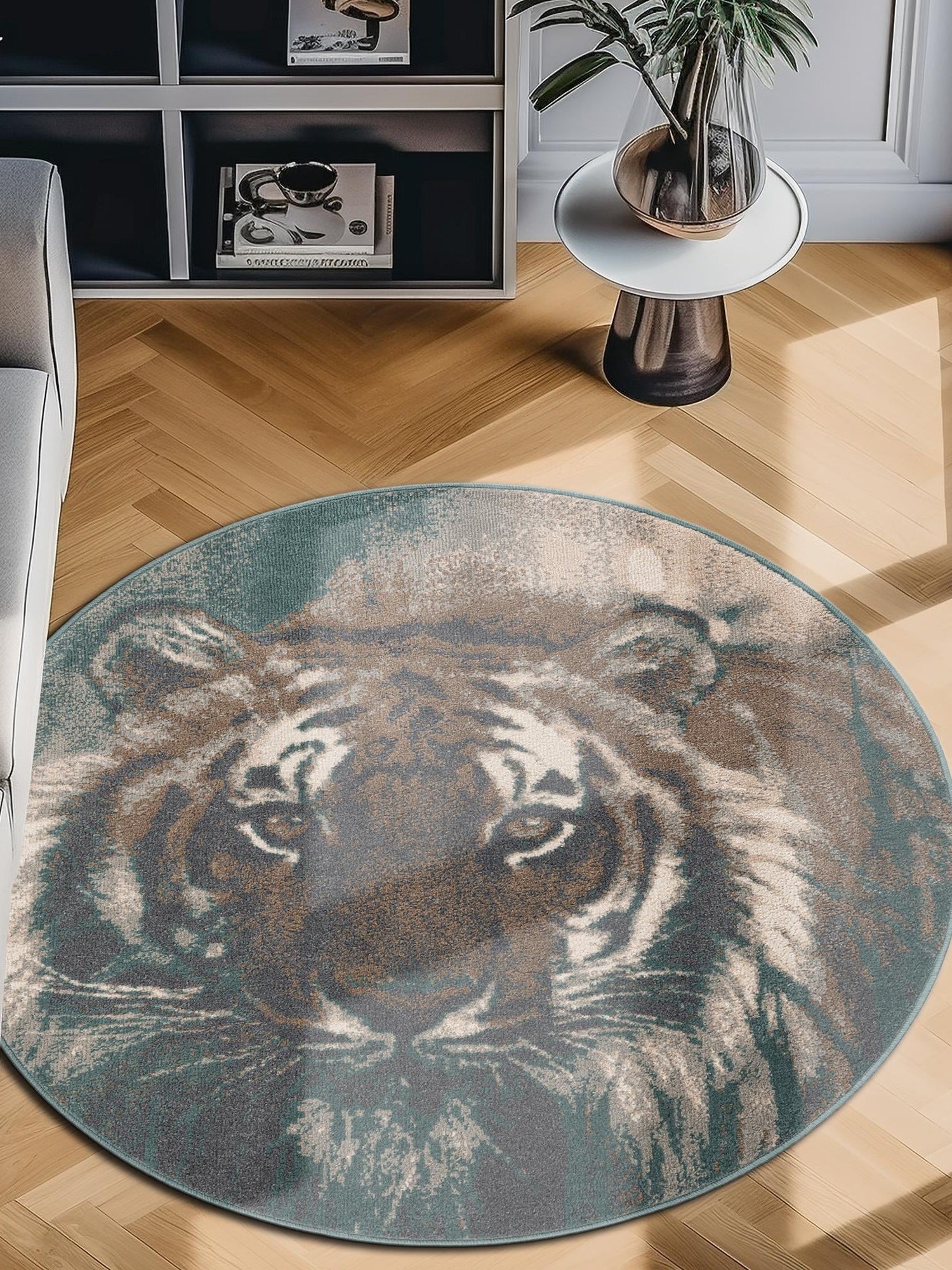 Multicolor 7' 10 x 7' 10 Wildlife Round Area Rug Animal Print Safari Jungle Inspired Carpet for Unique Modern Interior Design for Sale at Rug Engine