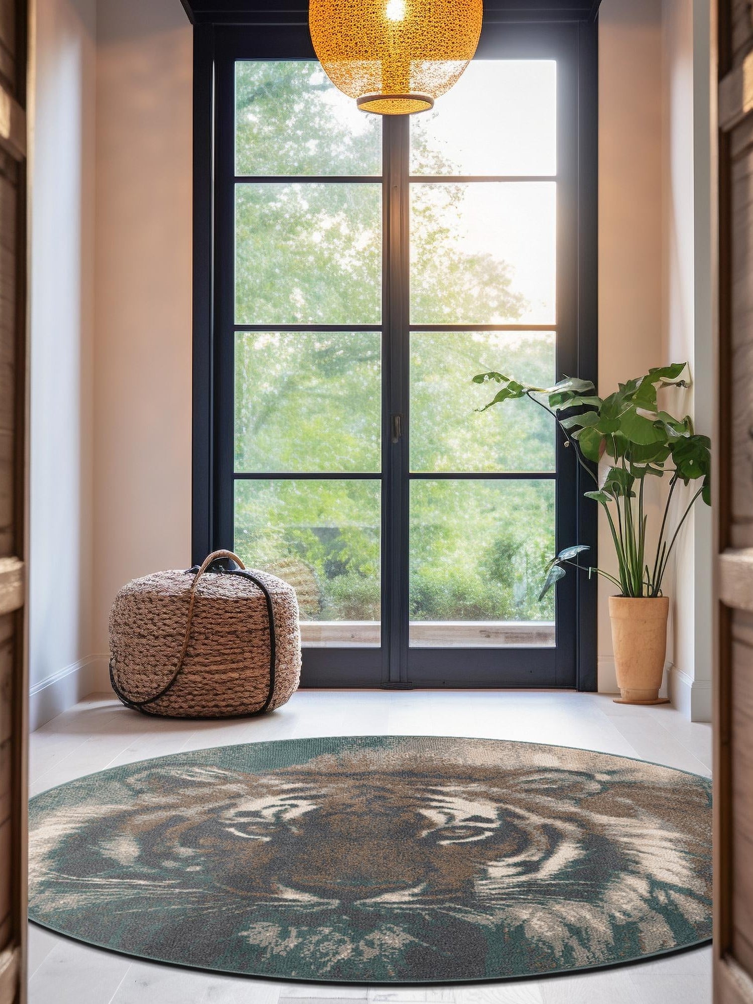 Multicolor 4' 1 x 4' 1 Wildlife Round Area Rug Animal Print Safari Jungle Inspired Carpet for Unique Modern Interior Design for Sale at Rug Engine