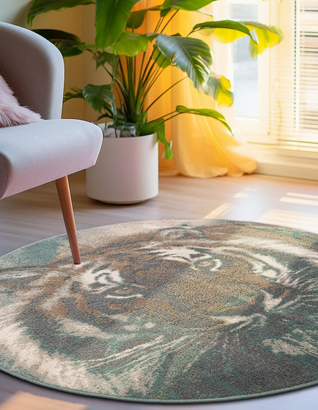 Multicolor 10' x 10' Wildlife Round Area Rug Animal Print Safari Jungle Inspired Carpet for Unique Modern Interior Design for Sale at Rug Engine