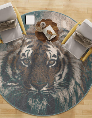 Multicolor 10' x 10' Wildlife Round Area Rug Animal Print Safari Jungle Inspired Carpet for Unique Modern Interior Design for Sale at Rug Engine