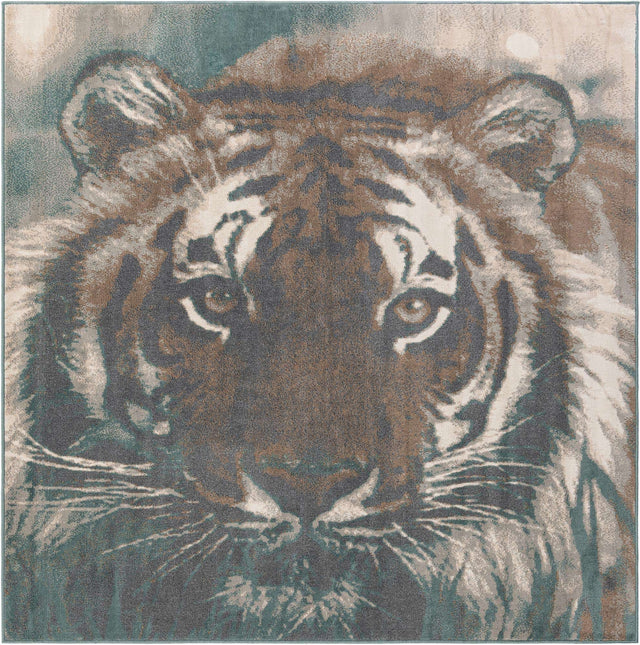 Multicolor 7' 10 x 7' 10 Wildlife Square Area Rug Animal Print Safari Jungle Inspired Carpet for Unique Modern Interior Design for Sale at Rug Engine