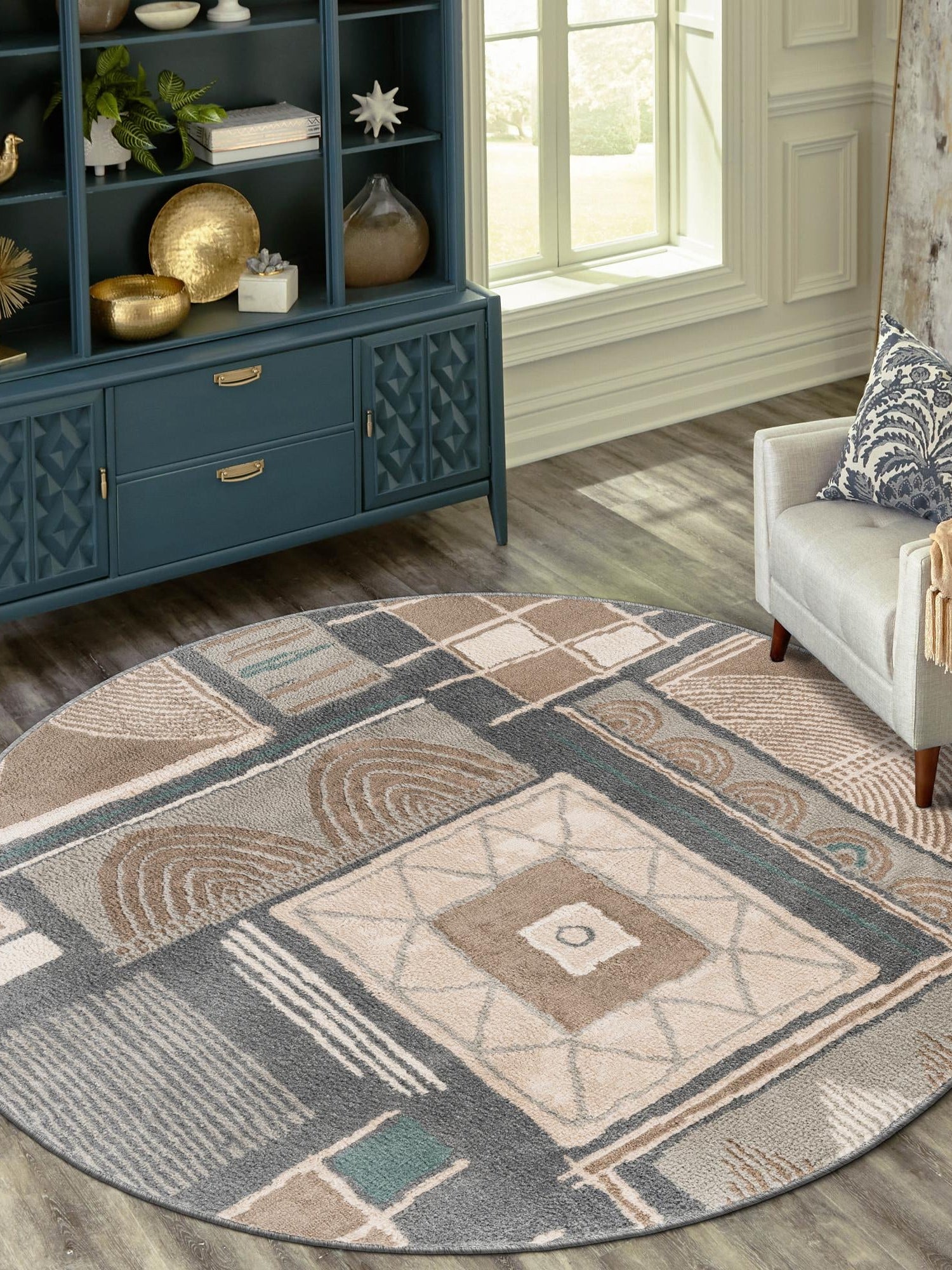 Multicolor 7' 10 x 7' 10 Wildlife Round Area Rug Animal Print Safari Jungle Inspired Carpet for Unique Modern Interior Design for Sale at Rug Engine