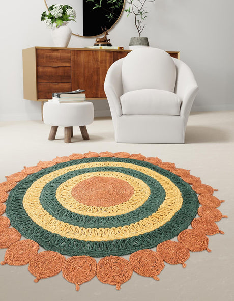 Orange Green Yellow 8' x 8' Braided Jute Round Rug