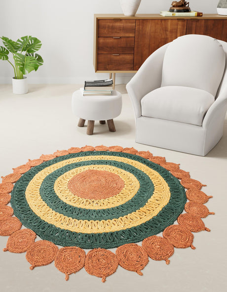 Orange Green Yellow 4' 1 x 4' 1 Braided Jute Round Area Rug 100% Jute Hand Braided Natural Eco-Friendly Boho Style Carpet for Living Rooms Dining Office Space Dorms for Sale at Rug Engine