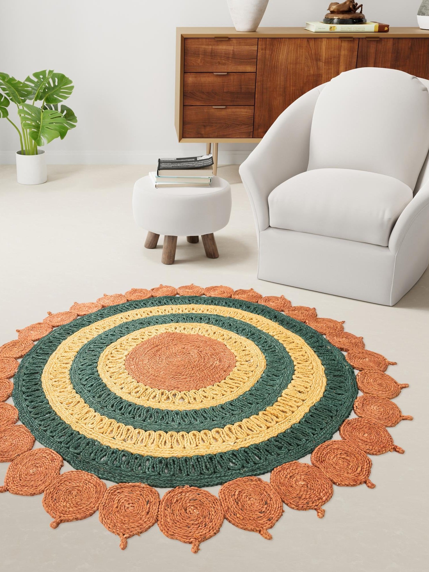 Orange Green Yellow 3' 1 x 3' 1 Braided Jute Round Area Rug 100% Jute Hand Braided Natural Eco-Friendly Boho Style Carpet for Living Rooms Dining Office Space Dorms for Sale at Rug Engine