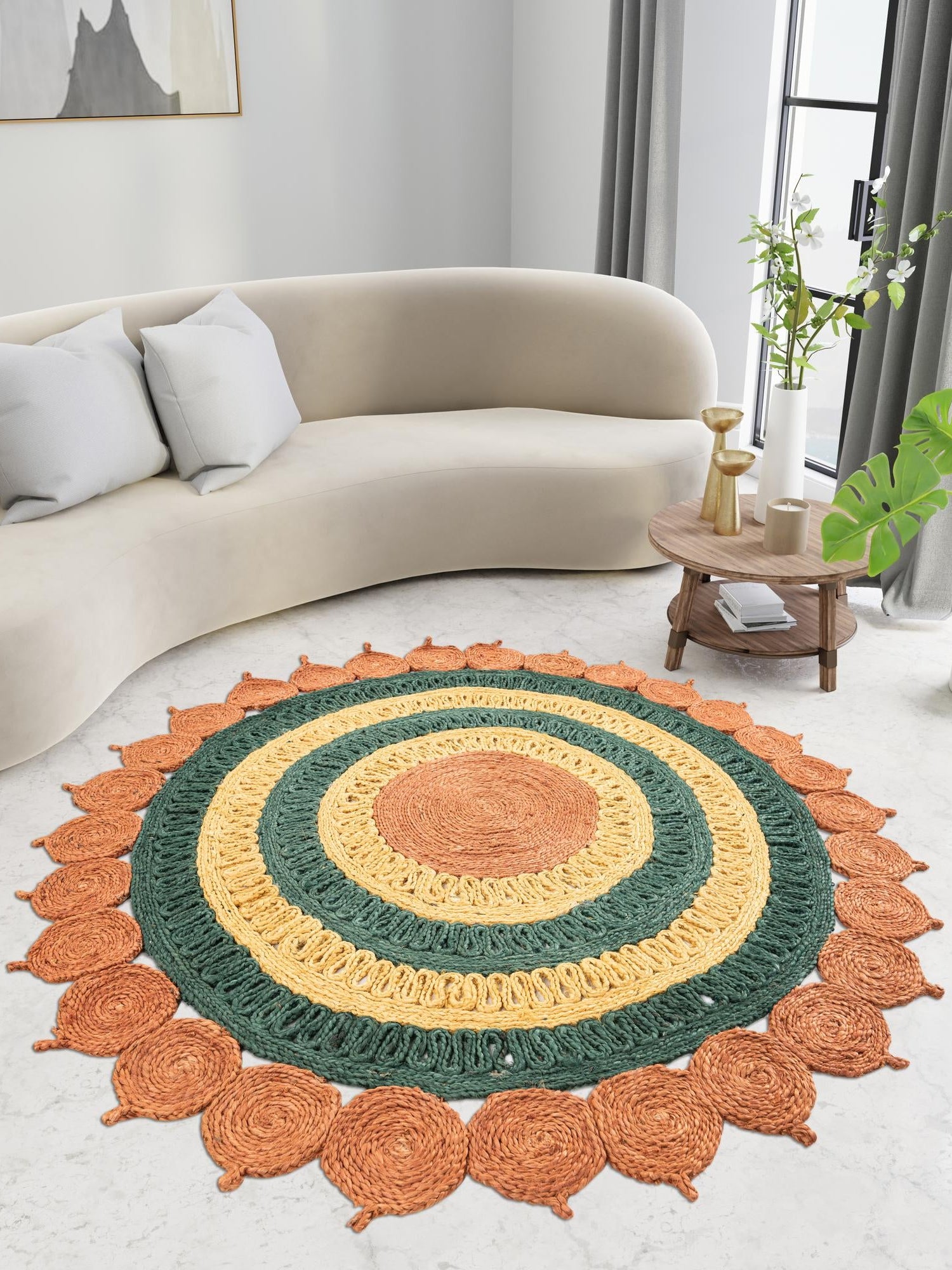 Orange Green Yellow 6' 1 x 6' 1 Braided Jute Round Area Rug 100% Jute Hand Braided Natural Eco-Friendly Boho Style Carpet for Living Rooms Dining Office Space Dorms for Sale at Rug Engine