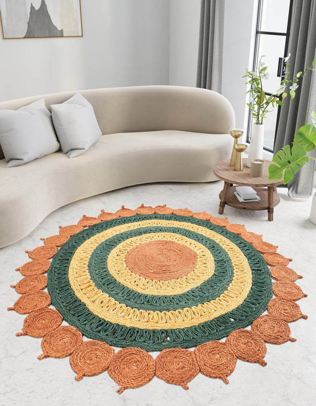 Orange Green Yellow 6' 1 x 6' 1 Braided Jute Round Rug