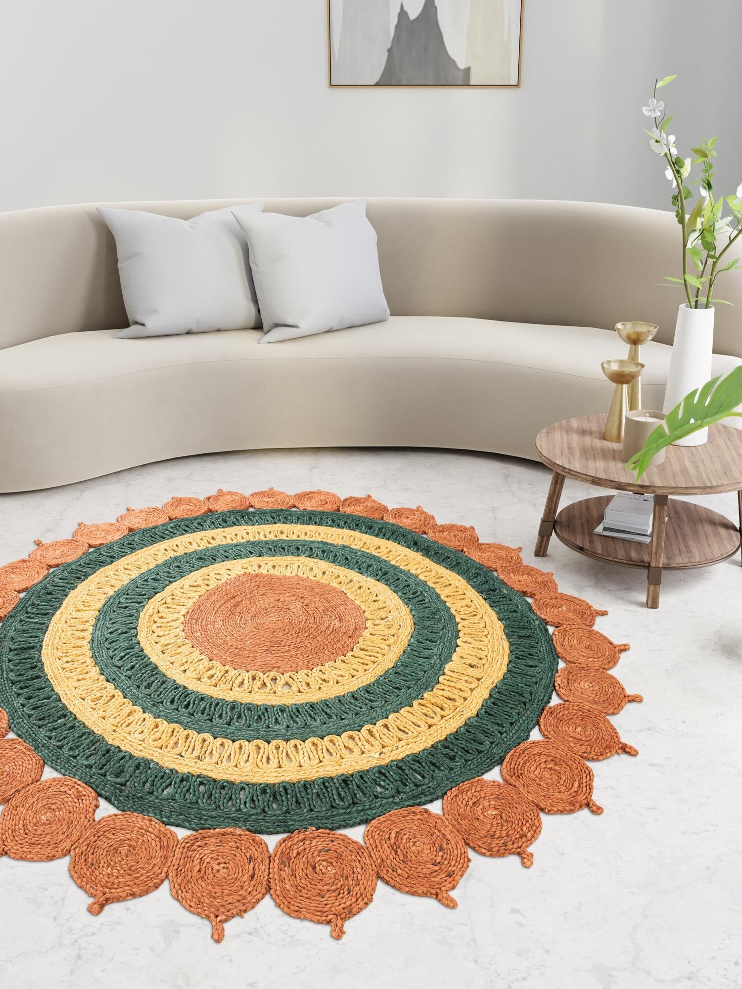 Orange Green Yellow 3' 1 x 3' 1 Braided Jute Round Area Rug 100% Jute Hand Braided Natural Eco-Friendly Boho Style Carpet for Living Rooms Dining Office Space Dorms for Sale at Rug Engine