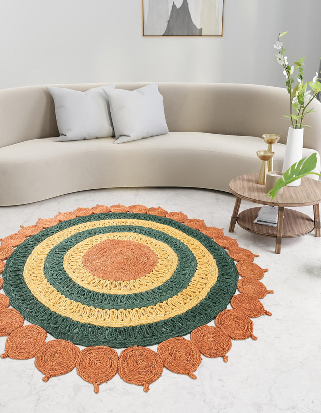 Orange Green Yellow 8' x 8' Braided Jute Round Rug