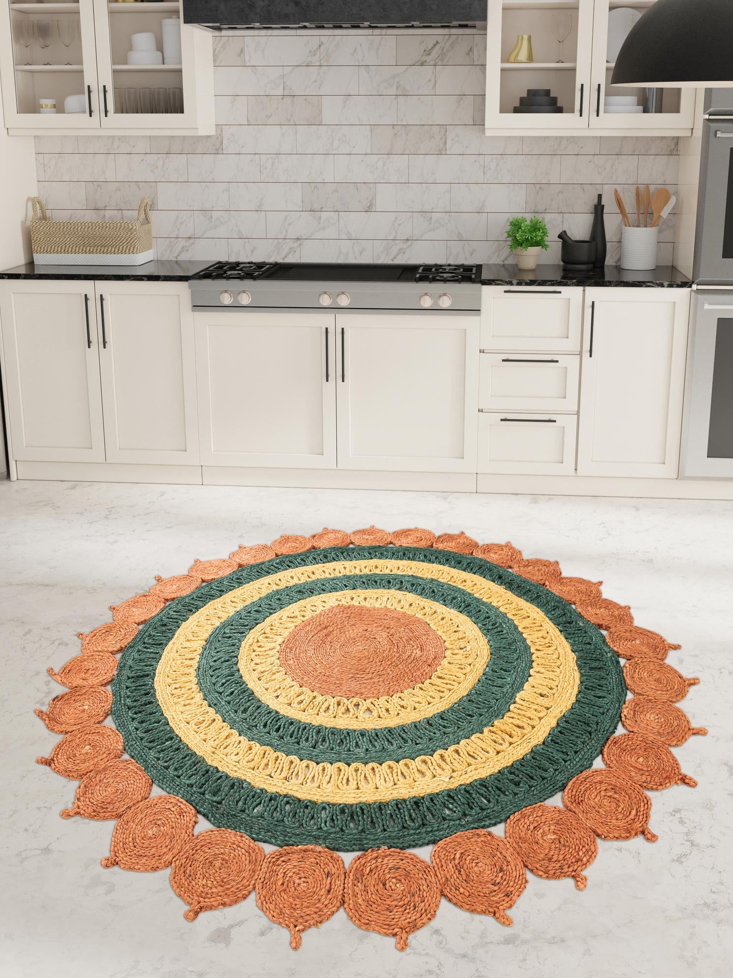Orange Green Yellow 6' 1 x 6' 1 Braided Jute Round Area Rug 100% Jute Hand Braided Natural Eco-Friendly Boho Style Carpet for Living Rooms Dining Office Space Dorms for Sale at Rug Engine
