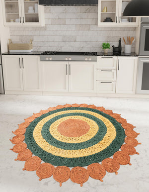 Orange Green Yellow 8' x 8' Braided Jute Round Rug
