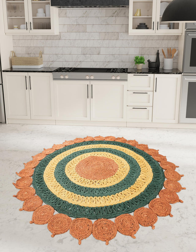Orange Green Yellow 8' x 8' Braided Jute Round Rug