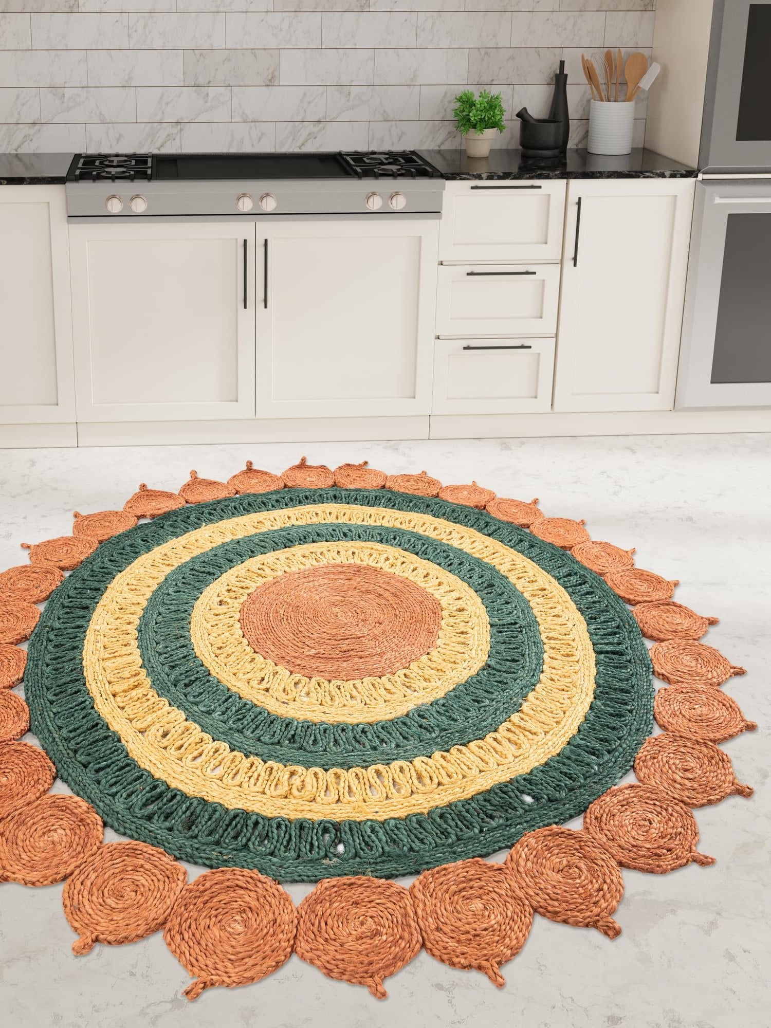 Orange Green Yellow 6' 1 x 6' 1 Braided Jute Round Area Rug 100% Jute Hand Braided Natural Eco-Friendly Boho Style Carpet for Living Rooms Dining Office Space Dorms for Sale at Rug Engine
