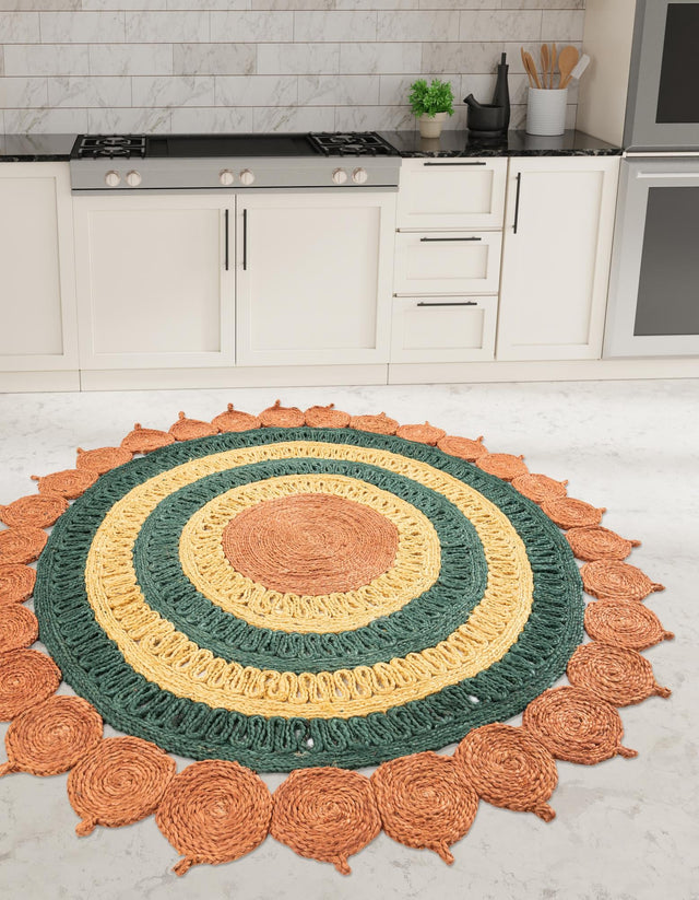 Orange Green Yellow 8' x 8' Braided Jute Round Rug