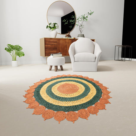 Orange Green Yellow 2' x 2' Braided Jute Round Area Rug 100% Jute Hand Braided Natural Eco-Friendly Boho Style Carpet for Living Rooms Dining Office Space Dorms for Sale at Rug Engine