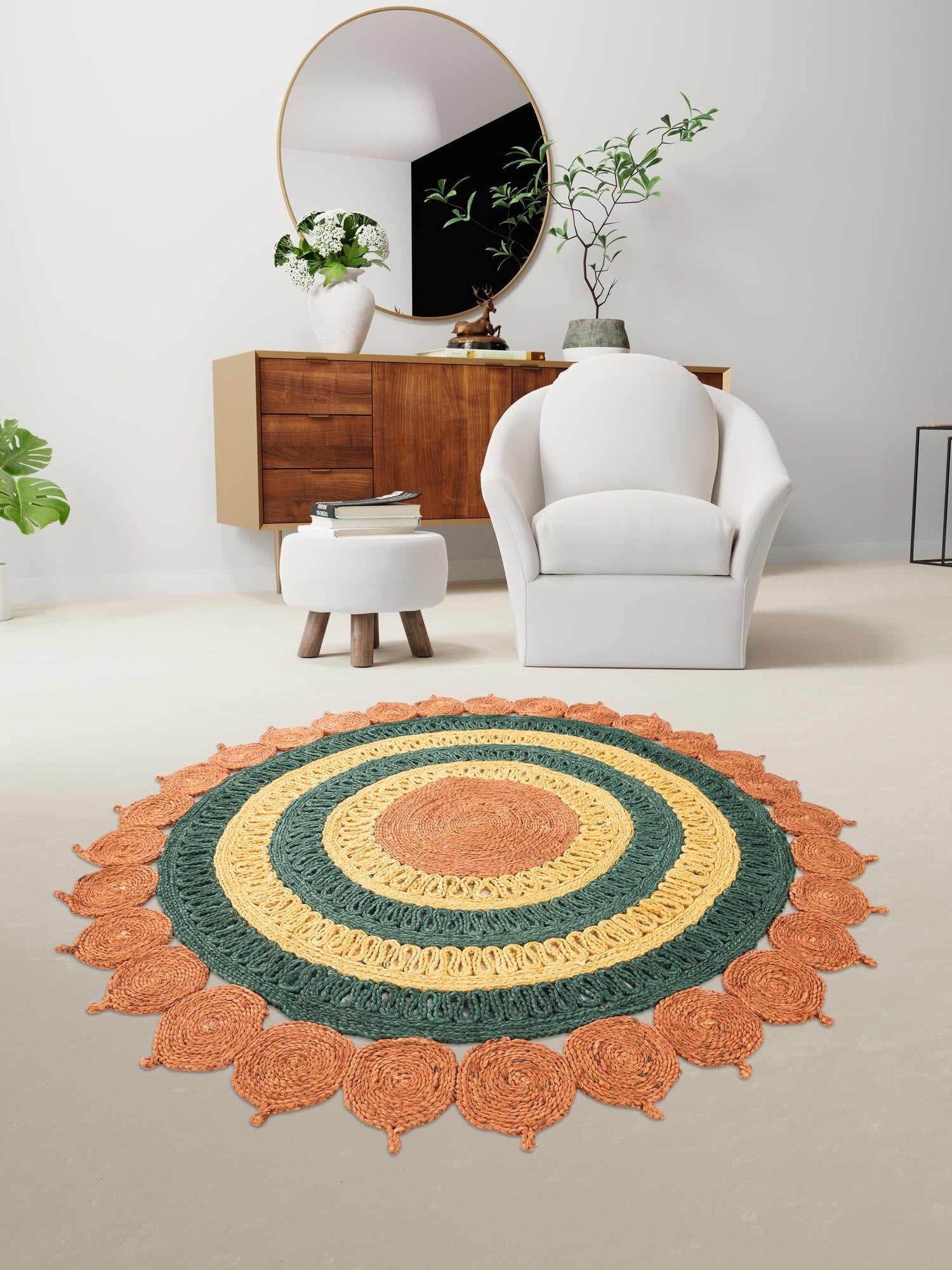 Orange Green Yellow 5' 1 x 5' 1 Braided Jute Round Area Rug 100% Jute Hand Braided Natural Eco-Friendly Boho Style Carpet for Living Rooms Dining Office Space Dorms for Sale at Rug Engine