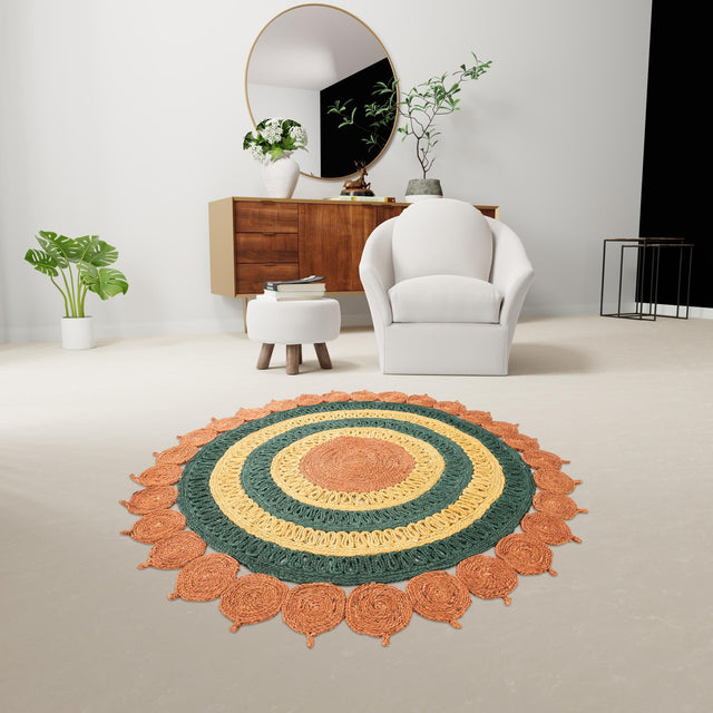 Orange Green Yellow 5' 1 x 5' 1 Braided Jute Round Rug