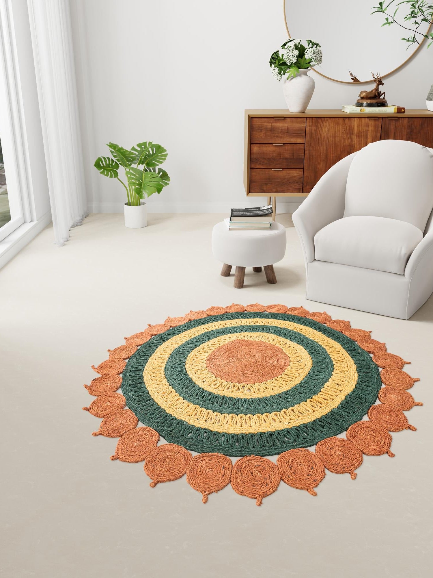Orange Green Yellow 4' 1 x 4' 1 Braided Jute Round Area Rug 100% Jute Hand Braided Natural Eco-Friendly Boho Style Carpet for Living Rooms Dining Office Space Dorms for Sale at Rug Engine