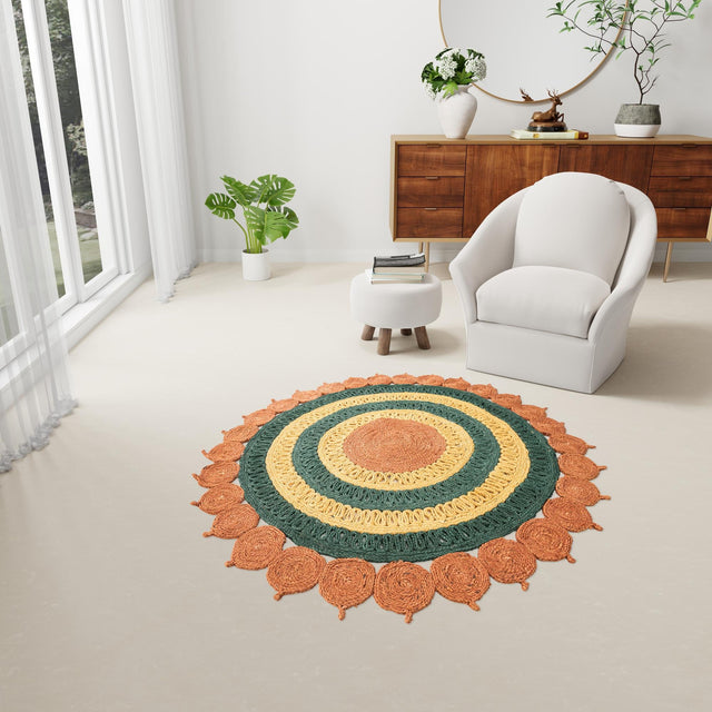 Orange Green Yellow 5' 1 x 5' 1 Braided Jute Round Rug