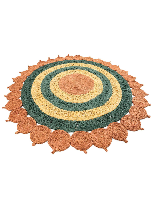 Orange Green Yellow 5' 1 x 5' 1 Braided Jute Round Rug
