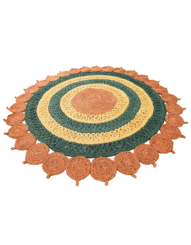 Orange Green Yellow 5' 1 x 5' 1 Braided Jute Round Rug