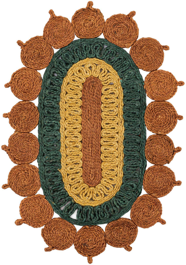Orange Green Yellow 2' x 3' 1 Braided Jute Oval Rug