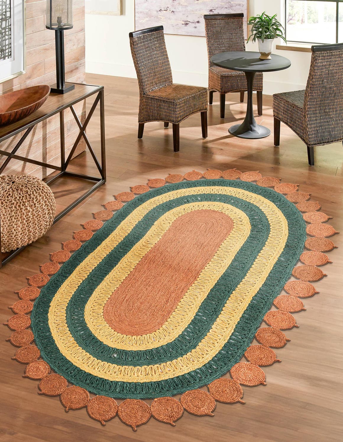 Orange Green Yellow 5' 1 x 8' Braided Jute Oval Area Rug 100% Jute Hand Braided Natural Eco-Friendly Boho Style Carpet for Living Rooms Dining Office Space Dorms for Sale at Rug Engine